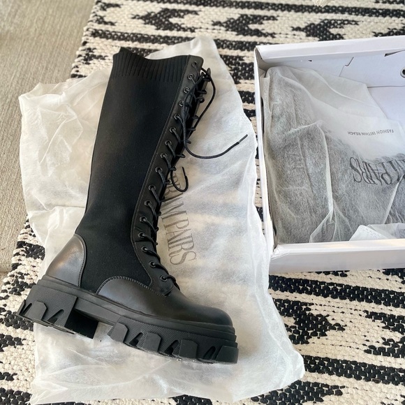 Chunky Lace Up Platform Moto Riding Knee High Boots Size 7.5 - Picture 3 of 6